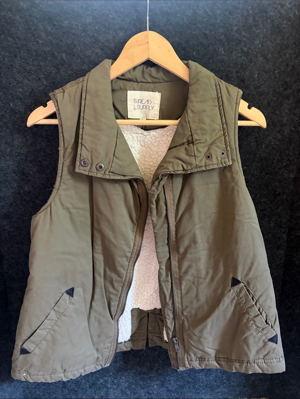 Thread & Supply Olive Utility Sherpa Lined Vest Medium